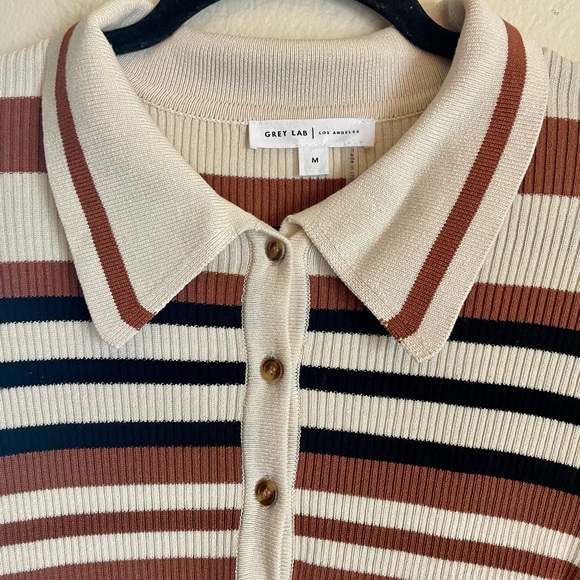 Grey Lab Women’s Polo Ribbed Long-Sleeve Bodysuit in rust and cream stripes - Picture 3 of 3